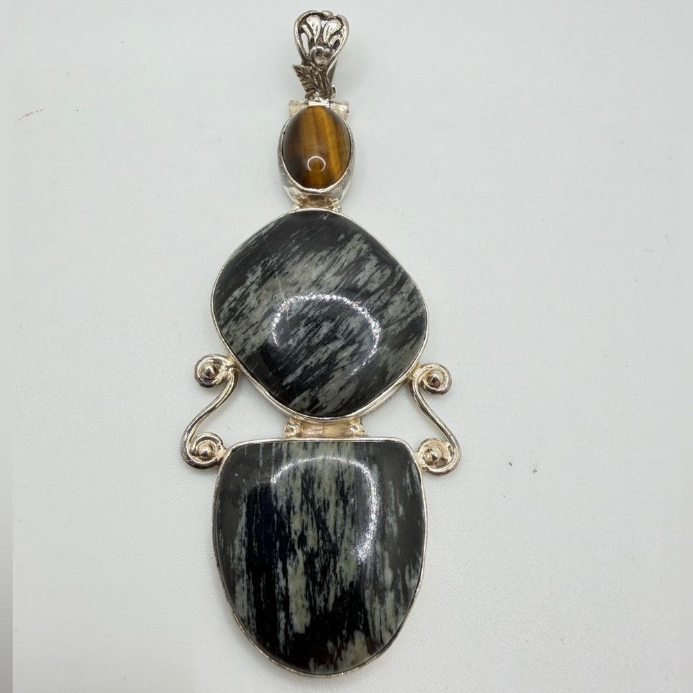 3.5" Silver leaf JASPER and tigers eye cabochon pendant in sterling silver!